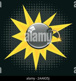 Bombe rond noir sur le point d'exploser avec mèche brûlant. Illustration de Vecteur