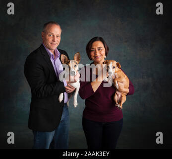 Studio portrait of smiling man and woman avec Jack Russell Terrier et Chihuahua Banque D'Images