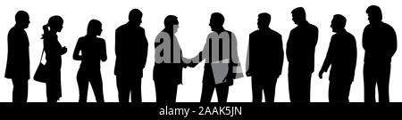 Les gens d'affaires lors d'une réunion de groupe avec deux hommes d'une poignée de main et l'un d'entre eux détenant un contrat avec dossier Illustration de Vecteur