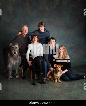 Studio portrait de famille avec trois chiens Banque D'Images