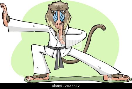 Ape singe mandrill Karaté qualifiés concentré permanent prêt à combattre l'artiste martiale vector illustration. Illustration de Vecteur
