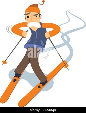 Rookie Newby Man Skiing Ski Montagne Neige de l'hiver, avec de la laine hat vector illustration cartoon. Illustration de Vecteur