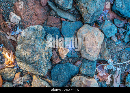 Variété de roches colorées et de pierres sur la plage du lac de sable graveleux avec des feuilles d'automne sur une journée ensoleillée à la libre vers le bas Banque D'Images