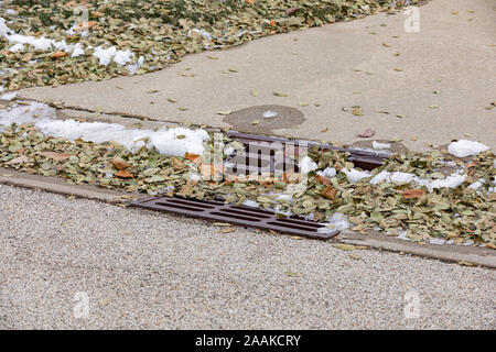 Égout caniveau grille de vidange en bordure de rue couverte de neige fondante et laisse après tempête d'automne Banque D'Images
