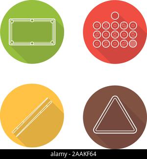 Télévision billard long shadow linéaire icons set. Boules de billard, table, indices et support de boule. Vector Illustration de Vecteur