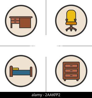 Couleur meubles icons set. Bureau, chaise d'ordinateur, lit et commode. Les éléments intérieurs. Vector illustrations isolées Illustration de Vecteur