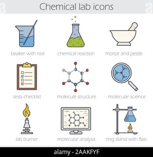 Couleur lab chimiques icons set. Bécher avec rod, réaction chimique, mortier et pilon. Liste de tests, la molécule, la structure moléculaire, brûleur de laboratoire scienc Illustration de Vecteur