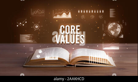 Les valeurs de base de l'inscription d'un livre ouvert, creative business concept Banque D'Images