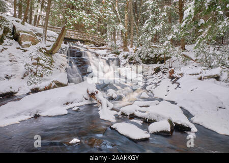 Après la première chute de neige de la saison, l'eau passe sous une passerelle et tombe sur les roches du Bouclier canadien de Potts Falls à Muskoka. Banque D'Images