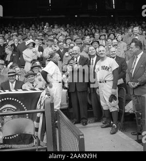 Le président américain Dwight Eisenhower s'apprête à lancer la première pelote au jour d'ouverture d'un match de baseball entre les sénateurs de Washington et New York Yankees Yankees Manager Casey Stengel à droite, les sénateurs Manager Chuck Deimos Feeder 3m60 à gauche, Washington, D.C., USA, photo de Warren K. Leffler, Avril 17, 1956 Banque D'Images