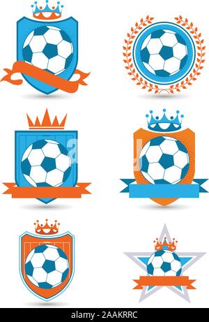 Football Soccer emblèmes vector illustration. Avec six différents emblèmes certains avec l'espace de bannière et les couronnes. Illustration de Vecteur