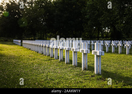 Des rangées de croix double dos à dos dans le Cimetière National français (La nécropole nationale), Jonchery-Sur-Suippe, Champagne, France. Banque D'Images