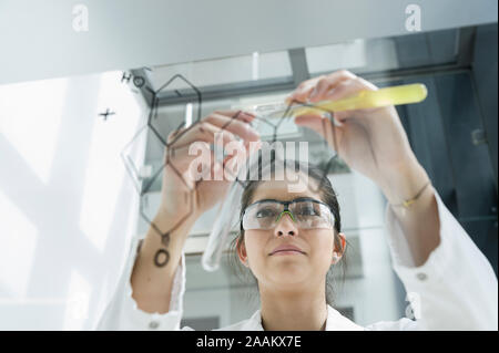 Les étudiants en médecine pouring liquid into test tube en face du mur de verre dans la salle de classe Banque D'Images