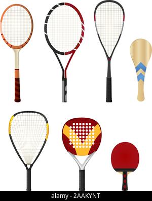 Silhouette couleur avec raquettes, raquette de tennis, raquette de squash, raquette de ping-pong, raquette paddle. Vector illustration set. Illustration de Vecteur