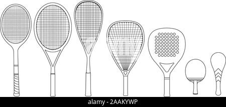 Raquettes, Silhouette avec raquette de tennis, raquette de squash, raquette de ping-pong, raquette paddle. Vector illustration set. Illustration de Vecteur