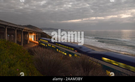 Locomotive diesel passagers Coaster voyageant le long des voies de chemin de fer côtière sous le pont, nuageux, près de Torrey Pines Park, La Jolla, Californie, USA Banque D'Images