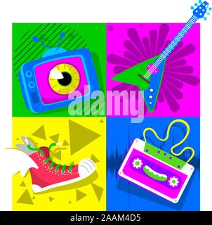 Retro 80's Design avec télévision, guitare électrique, chaussures de tennis et bande dessinée illustration vectorielle. Illustration de Vecteur