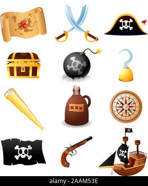 Icons Set pirate, avec la carte, bêches, chapeau de pirate avec crâne, cas de trésor avec des pièces d'or, crochet, crochet à la main, bouteille, jumelles, boussole, drapeau, fusil, sh Illustration de Vecteur