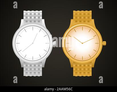 Horlogerie de luxe, avec Golden watch, montre en argent. Vector illustration cartoon montres. Illustration de Vecteur