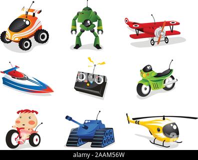 Télécommande toy collection comprend, voiture, bateau, avion, hélicoptère, robot et bien d'autres. Illustration de Vecteur