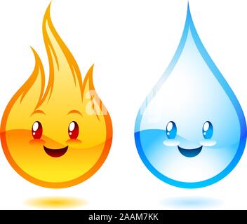 Personnages de dessin animé de feu et d'eau. Page de couleur noire et ...