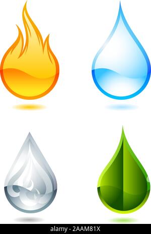 Les symboles des éléments de la nature. Avec le feu, eau, air et terre verte drop vector illustration cartoon. Illustration de Vecteur