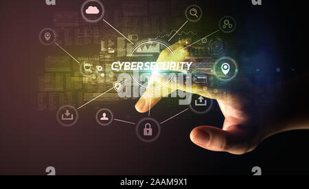 La cybersécurité touchant la main concept, la cybersécurité inscription Banque D'Images