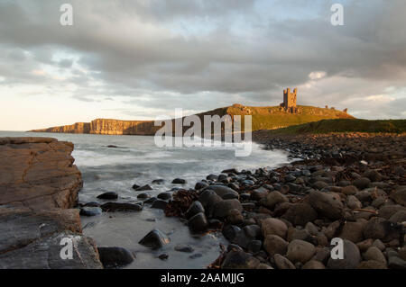 Château de Dunstanburgh vu de l'exploitation des sables bitumineux, du nord-est de l'Embleton Banque D'Images