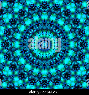 Motif kaléidoscopique floral. Ornement géométrique . Mandala . Résumé fond dans des tons bleu et vert Banque D'Images