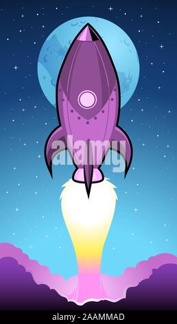 Rocket avec pleine lune background vector illustration cartoon. Illustration de Vecteur