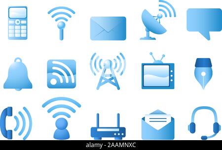 La communication Blue icon set. Signal, calculatrice, enveloppe, Radar, bulle de dialogue, Bell, Télévision, Téléphone, Quill, Casque. Vector Illustration Cartoon. Illustration de Vecteur