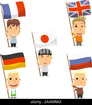 Porte étendard kids, avec l'Angleterre drapeau, drapeau France, drapeau du Japon, l'Allemagne et la Russie drapeau drapeau. Vector illustration cartoon. Illustration de Vecteur