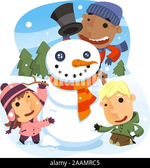 Trois enfants building snowman, avec Pin, paysage de neige, Flocon, top hat, carotte, écharpe, enfants, enfants d'hiver. Vector illustration cartoo Illustration de Vecteur