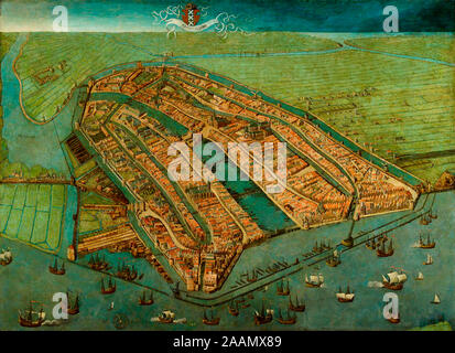 Vue d'Amsterdam - la plus ancienne carte de Amsterdam, montrant la ville médiévale fini murs, tours et portes. Comme dans la plupart des vieilles cartes d'Amsterdam la ville est illustré à partir de l'IJ, afin que la vue est dirigée vers le sud plutôt que le nord - Cornelis Anthonisz, vers 1538 Banque D'Images