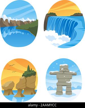 La nature canadienne Landmarks Canada Monument, avec des rochers de Hopewell, Canadian Rockies, Canadian Rocky, Niagara Falls vector illustration cartoon. Illustration de Vecteur