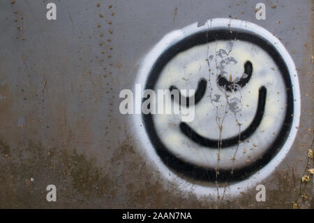 Ubud, Bali, Indonésie - 23 mai 2019 : Photo d'un sourire un graffiti sur un mur gris avec quelques plantes grimpantes flétri Banque D'Images