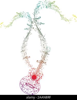 Silhouette stylisée d'un abrégé de la guitare avec les notes de musique. Illustration de Vecteur