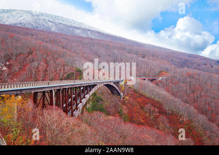 Jogakura Ohashi Bridge en automne, la préfecture d'Aomori, au Japon. Banque D'Images