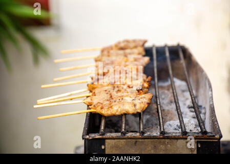 Porc mariné grillé avec la sauce et les petites brochettes sur la grille en acier avec la chaleur Banque D'Images