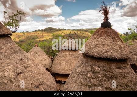 Carat-Konso Gamole l'Éthiopie, le village fortifié, chaumières conique avec des bouchons de poterie Banque D'Images