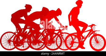 Silhouettes de racers sur une bicyclette, lutte à la ligne d'arrivée. Illustration de Vecteur