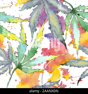 Le Cannabis feuilles vertes. Jardin botanique des plantes feuilles feuillage floral. Illustration à l'aquarelle. Aquarelle Dessin aquarelle de mode. Zone transparente Banque D'Images