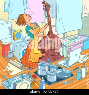 Une musicienne joue la contrebasse, une femme au foyer est distraite des tâches ménagères Illustration de Vecteur