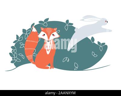 Cute fox, lièvre et lapin sur fond de plantes. Illustration à la main dans un style scandinave. Illustration de Vecteur