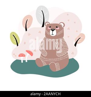 Cute Bear sur fond d'arbres. Illustration à la main dans un style scandinave. Illustration de Vecteur