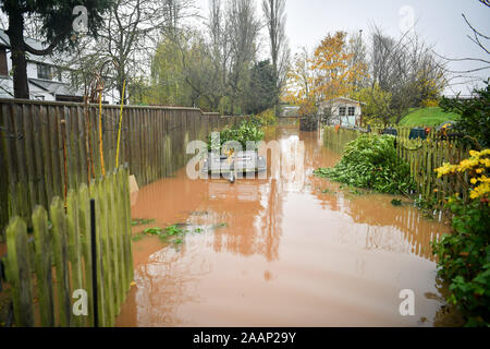 Le jardin arrière de Dan Fitzsimons maison à Clyst St Mary, Exeter, où de fortes pluies ont provoqué l'éclatement de la rivière à Clyst ses banques et les inondations de la région environnante. Banque D'Images