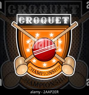 Croquet maillet croisés avec une boule rouge au centre du bouclier. Logo sport pour toute équipe ou de championnat Illustration de Vecteur