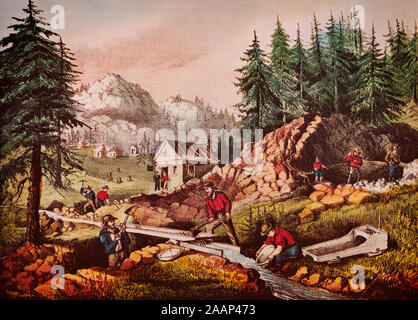 Une lithographie contemporaine de prospecteurs au cours de la ruée vers l'or en theSierra Clifornia au Nevada, en Californie en 1848. À la première nouvelle de découvertes d'or, de nombreux aventuriers s'installe à l'ouest d'acheter des mines d'or et de pillage. Banque D'Images