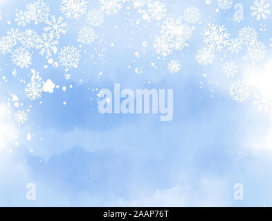 Abstrait peint à l'Aquarelle paysage d'hiver en couleurs bleu avec flocons de neige et de cristaux de neige. Avec l'exemplaire de l'espace. Généré par ordinateur. Banque D'Images