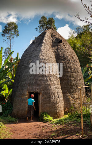 L'Éthiopie et de la vallée du Rift, Gamo Gofo, Omo Arba Minch, village Dorze, qui entre dans la chambre en forme de ruche distinctif Banque D'Images